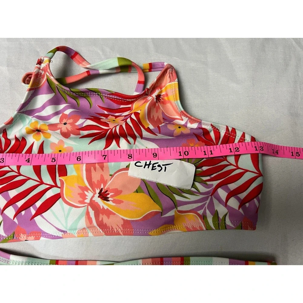Girls Tropical Floral High Neck Bikini Set Multicolor Striped Two Piece Swimsuit